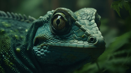 A macro shot of a green iguana. Completely green background.の素材