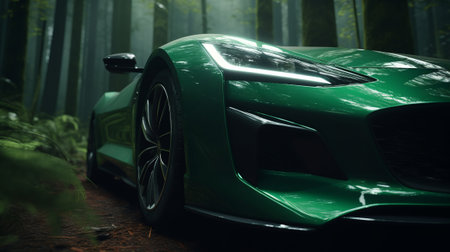 A green sports expensive car in a green forest. Completely green background.の素材