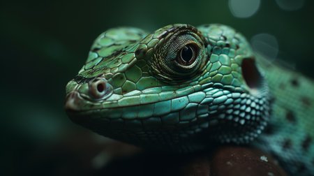 A macro shot of a green iguana. Completely green background.の素材