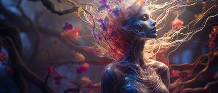 Illustration of a beautiful girl covered with roots and flowers.の素材