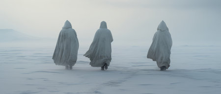 A group of people or monks, perhaps wanderers, are walking along a snowy cold path against the background of a winter landscape.の素材