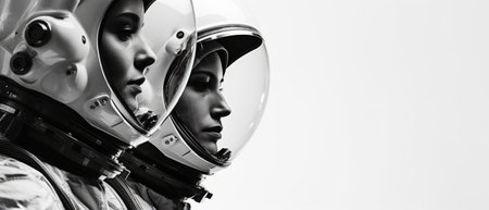 Stylish portrait of two female astronauts in monochrome style.の素材