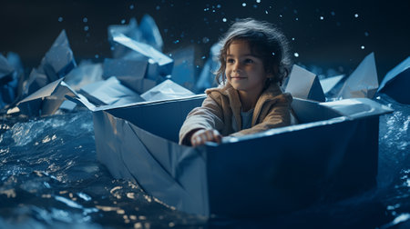 The child imagines that he is a sailor and is sailing on a boat or raft at sea. Childhood dreams.の素材