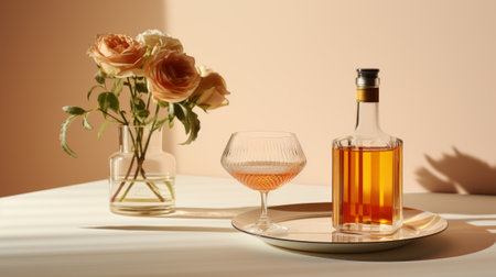 Still life with a bottle of bourbon or whiskey and a glass next to it.の素材