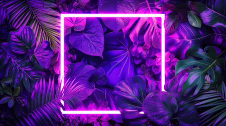 Surreal background of tropical leaves with a fluorescent geometric shape in the center.の素材