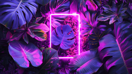 Surreal background of tropical leaves with a fluorescent geometric shape in the center.の素材