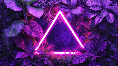 Surreal background of tropical leaves with a fluorescent geometric shape in the center.の素材