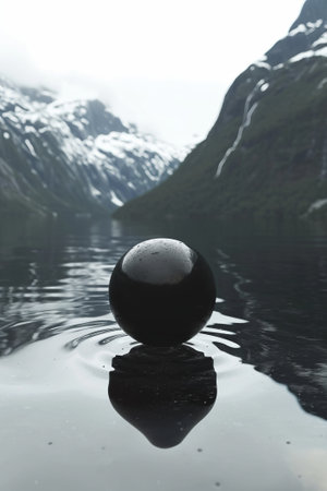A mystical surreal sphere levitates over the water.の素材