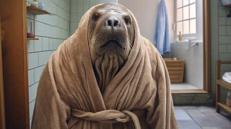 A walrus in a bathrobe in the bathroom.の素材