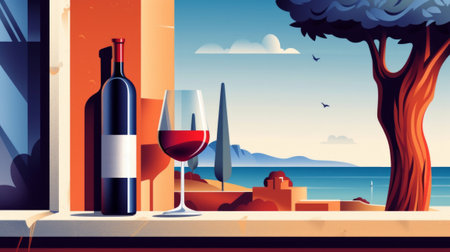 Illustration of a bottle of wine and a glass of wine against the background of the sea and beautiful architecture. Retro style.の素材