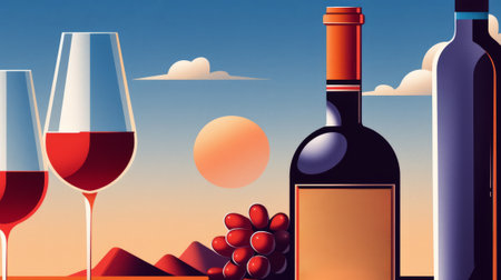 Illustration of a bottle of wine and a glass of wine in a retro style.の素材