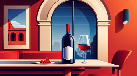 Illustration of a bottle of wine and a glass of wine in a retro style.の素材