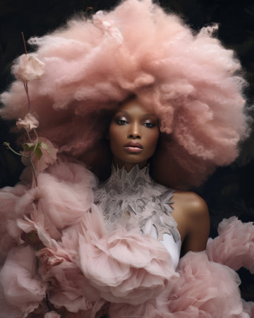 Portrait of a beautiful African or African American woman with an unusual hairstyle in pastel colors.の素材
