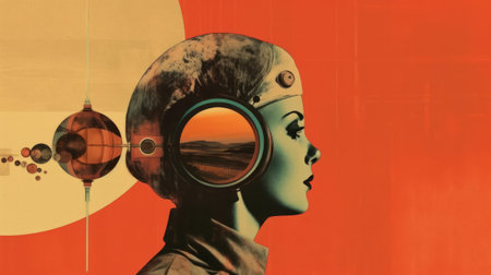 Illustration of a woman in an old-fashioned minimal retro style.の素材