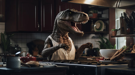 A scene where a dinosaur cooks food in the kitchen. Surreal.の素材