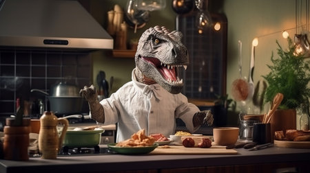 A scene where a dinosaur cooks food in the kitchen. Surreal.の素材