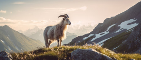 A mountain goat on the background of snow-capped mountains.の素材