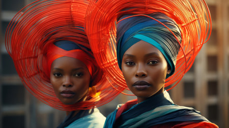 A close-up portrait of two beautiful young African women in traditional bright clothes.の素材