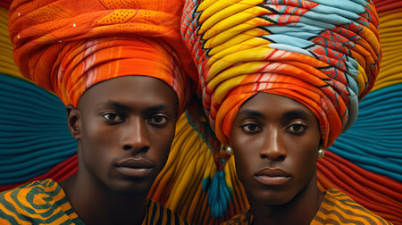 A close-up portrait of two young handsome African men in traditional bright clothes.の素材