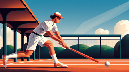 Illustration of a baseball player hitting a ball with a baseball bat during a game.の素材