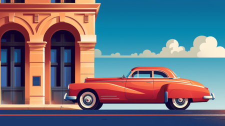 A retro-style illustration of an old-fashioned car.の素材