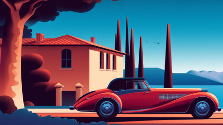 A retro-style illustration of an old-fashioned car.の素材