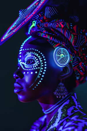 The face of an African or African-American woman or a robot in the style of afrofuturism.の素材