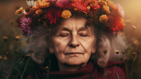 An elderly woman with flowers on her head and her eyes closed. She dreams or regrets something or meditates. The aging process.の素材