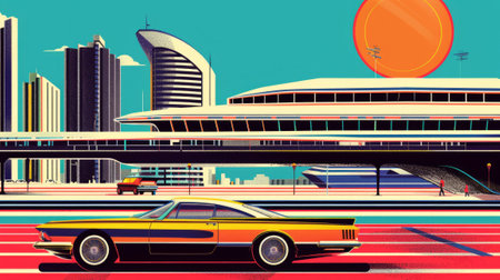 Illustration of a futuristic city with a car. In a retro style.の素材
