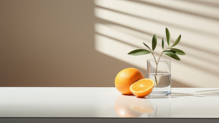 Commercial product photography or tabletop photography. A smooth surface with filtered light and objects in minimalist.の素材