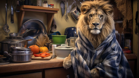 Surreal portrait of a lion in the kitchen.の素材