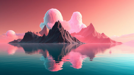 A surreal minimalistic landscape with mountains and a lake with reflection. Pink clouds in the sky above the mountains.の素材