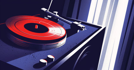 Retro illustration of equipment for listening to vinyl records or a gramophone. Musical equipment.の素材