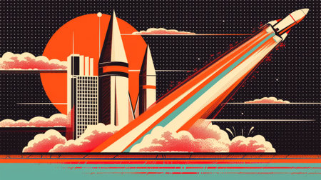Retro illustration of a spaceship or rocket launch. Exploration of space and different planets. Space flight.の素材