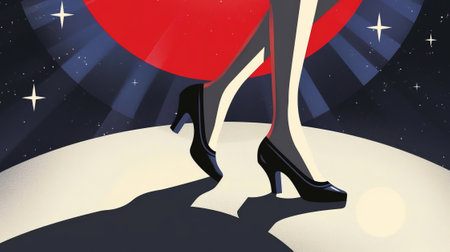Retro illustration of a woman. Close-up of feet with shoes.の素材