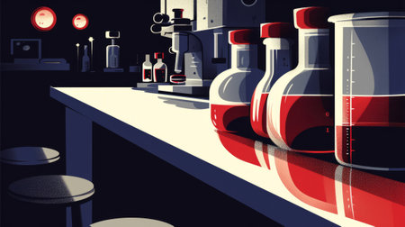 Retro illustration of a medical laboratory laboratory. Search and development of medicines. Biotechnology.の素材