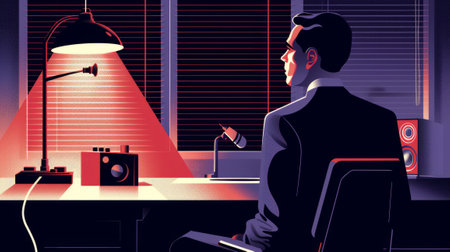 An illustration of a man sitting at a table by the light of a lamp at night by the window.の素材