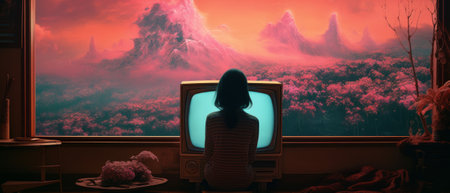 Retro illustration of a woman alone watching TV at night in a living room.の素材