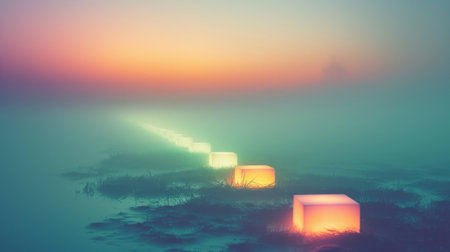 Mysterious glowing stones or objects in a row in the fog against the background of sunset or dawn.の素材