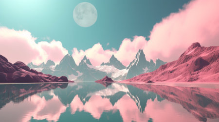 A surreal minimalistic landscape with mountains and a lake with reflection. Pink clouds in the sky above the mountains.の素材