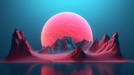 A surreal mountain landscape with a geometric round shape or a portal or a strange figure. Fantastic space unreal landscape.の素材