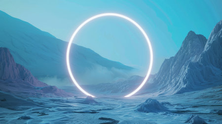 A surreal mountain landscape with a geometric round shape or a portal or a strange figure. Fantastic space unreal landscape.の素材