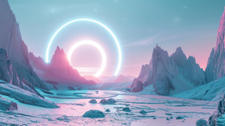 A surreal mountain landscape with a geometric round shape or a portal or a strange figure. Fantastic space unreal landscape.の素材