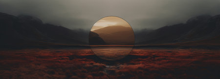 Landscape with a mysterious psychedelic mirror in the middle.の素材