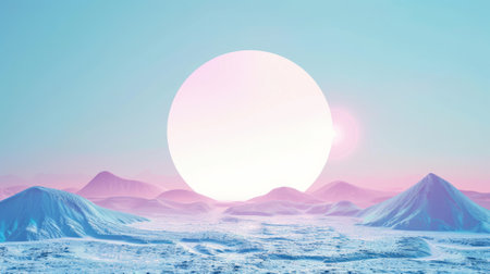 A surreal mountain landscape with a geometric round shape or a portal or a strange figure. Fantastic space unreal landscape.の素材