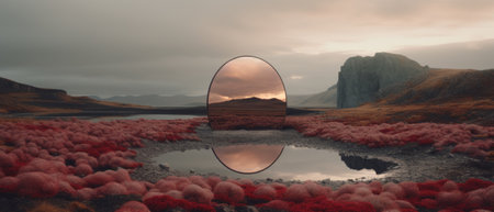 Landscape with a mysterious psychedelic mirror in the middle.の素材