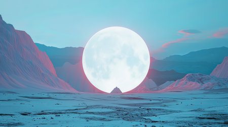 A surreal mountain landscape with a geometric round shape or a portal or a strange figure. Fantastic space unreal landscape.の素材