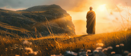 A man or a medieval monk or a pilgrim. A ceremonial, religious, or mysterious sacred place.の素材