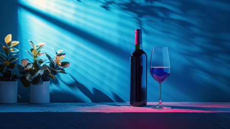 An aesthetic promotional photo of wine in neon light. A bottle of wine with a glass.の素材
