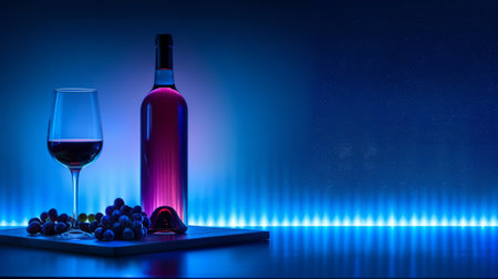 An aesthetic promotional photo of wine in neon light. A bottle of wine with a glass.の素材